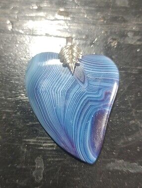 Blue Heart Agate Pendant Necklace with Silver Leaf Bail